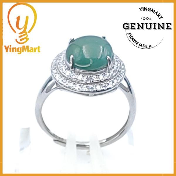 Yingmart Natural S925 Silver Inlaid Jadeite Ice Green Ring Real Jade Grade A Type A Hand Craving, vinatge, gif for her