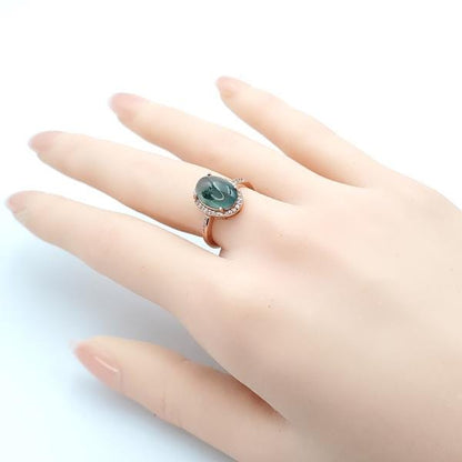 Yingmart Swirl Feng Shui Sterling Silver with a large, oval-shaped cabochon of green jade Ring Grade A Type A Hand Craving, gift fo her
