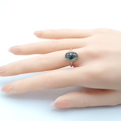 Yingmart Swirl Feng Shui Sterling Silver with a large, oval-shaped cabochon of green jade Ring Grade A Type A Hand Craving, gift fo her
