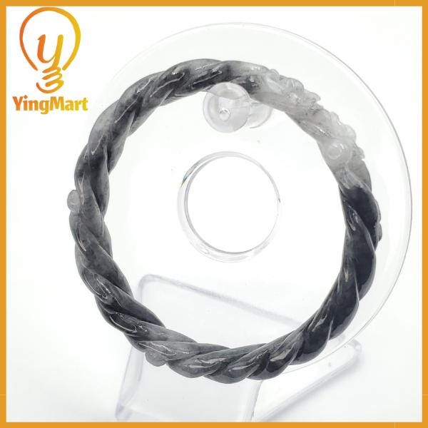 Yingmart 56 - 58 mm Genuine Burmese Jade White Grey Natural Carved Twist Flower Bracelet  Jaideite Bangle , Vintage Jewelry, Accessories