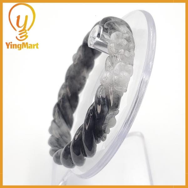 Yingmart 56 - 58 mm Genuine Burmese Jade White Grey Natural Carved Twist Flower Bracelet  Jaideite Bangle , Vintage Jewelry, Accessories