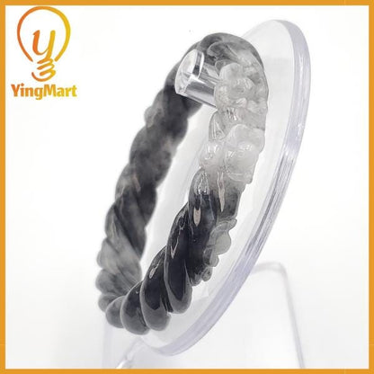 Yingmart 56 - 58 mm Genuine Burmese Jade White Grey Natural Carved Twist Flower Bracelet  Jaideite Bangle , Vintage Jewelry, Accessories