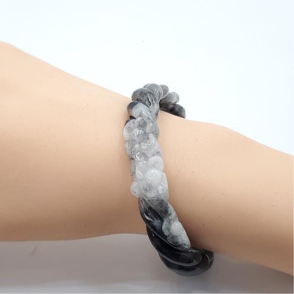 Yingmart 56 - 58 mm Genuine Burmese Jade White Grey Natural Carved Twist Flower Bracelet  Jaideite Bangle , Vintage Jewelry, Accessories
