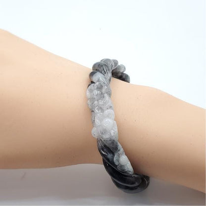 Yingmart 56 - 58 mm Genuine Burmese Jade White Grey Natural Carved Twist Flower Bracelet  Jaideite Bangle , Vintage Jewelry, Accessories