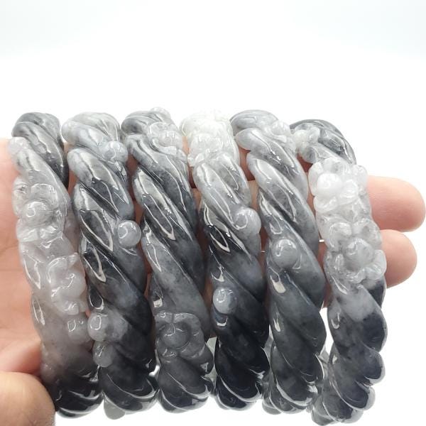 Yingmart 56 - 58 mm Genuine Burmese Jade White Grey Natural Carved Twist Flower Bracelet  Jaideite Bangle , Vintage Jewelry, Accessories