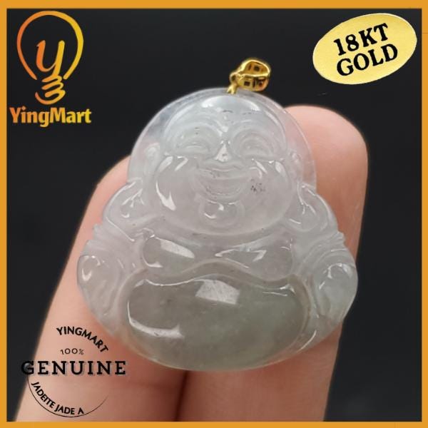 Yingmart High-quality Icy White, Light Green Grade A Jadeite Jade Laughing Buddha Burmese Myanmar A Hand Craving Pedant  with 18K Gold Hook