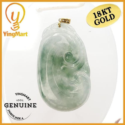 Yingmart  Semi-Translucent White Green Lucky Craving Ru-Yi Burmese Myanmar Genuine Jadeite Jade Grade A Hand Craving  Pedant, 18K Gold Hook