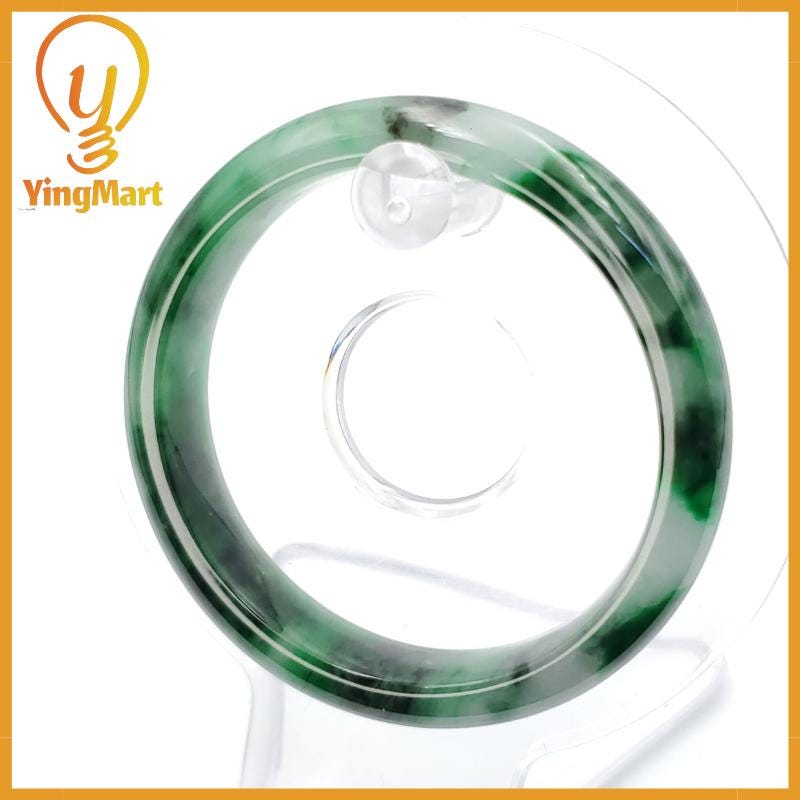 YingCollection 52mm PNJ258392 Certified Natural Color Green White To Dark Green, Grey White Jadeite Jade Bangle Bracelet, Real Gemstone