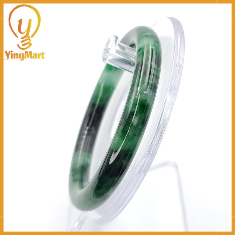 YingCollection 56mm PNJ258386 Certified Natural Color Green White To Dark Green, Grey White Jadeite Jade Bangle Bracelet, Real Gemstone