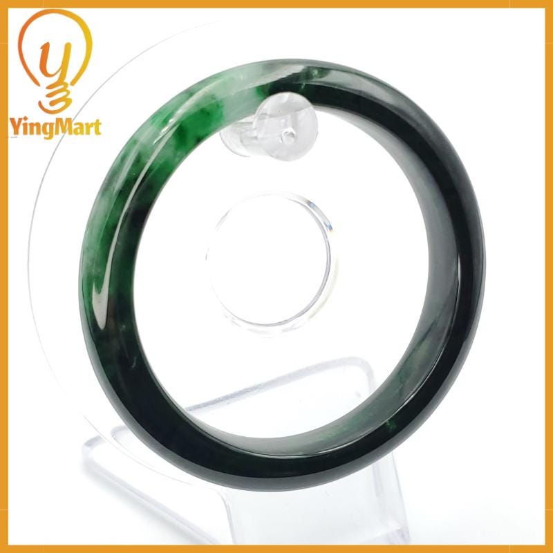 YingCollection 56mm PNJ258390 Certified Natural Color Green White To Dark Green, Grey White Jadeite Jade Bangle Bracelet, Real Gemstone