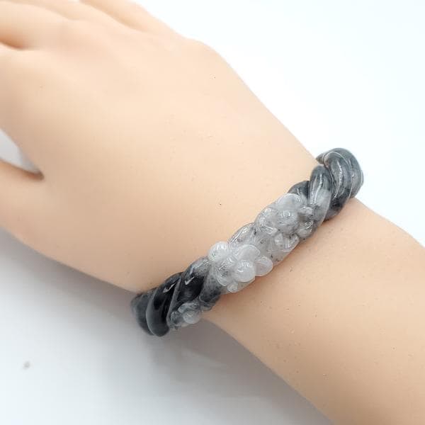 Yingmart 56 - 58 mm Genuine Burmese Jade White Grey Natural Carved Twist Flower Bracelet  Jaideite Bangle , Vintage Jewelry, Accessories