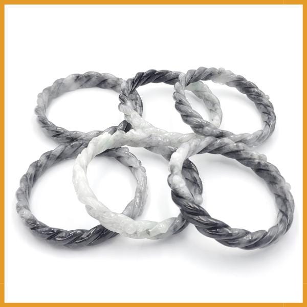 Yingmart 56 - 58 mm Genuine Burmese Jade White Grey Natural Carved Twist Flower Bracelet  Jaideite Bangle , Vintage Jewelry, Accessories