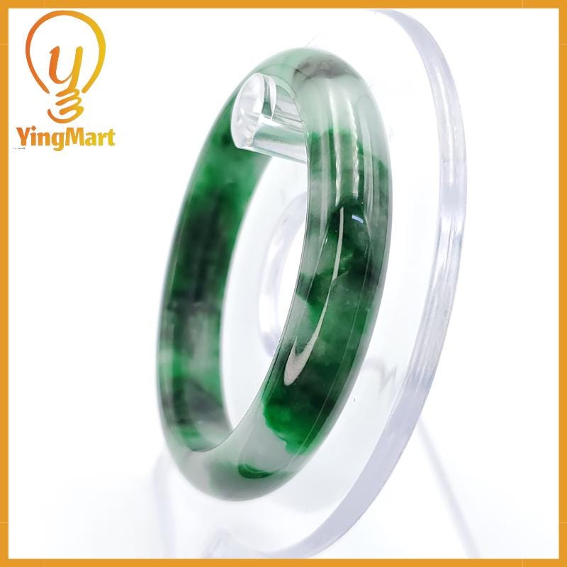 YingCollection 52mm PNJ258392 Certified Natural Color Green White To Dark Green, Grey White Jadeite Jade Bangle Bracelet, Real Gemstone