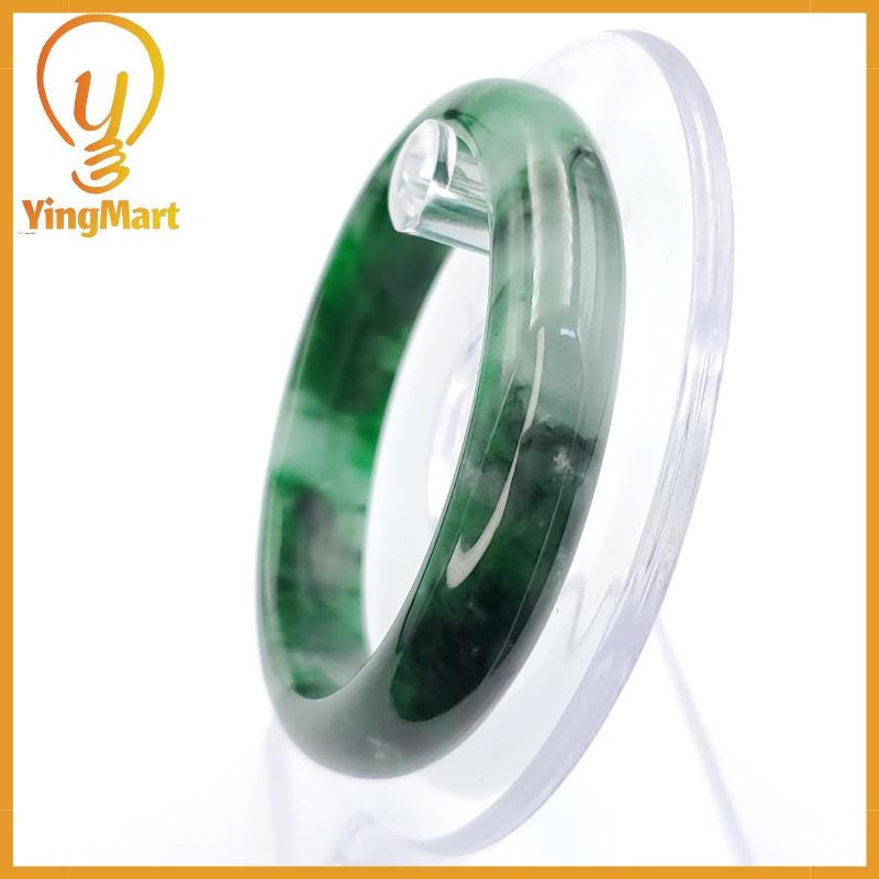 YingCollection 53mm PNJ258393 Certified Natural Color Green White To Dark Green, Grey White Jadeite Jade Bangle Bracelet, Real Gemstone