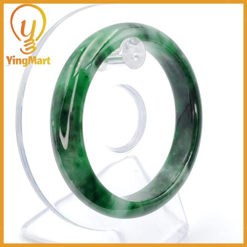YingCollection 53mm PNJ258393 Certified Natural Color Green White To Dark Green, Grey White Jadeite Jade Bangle Bracelet, Real Gemstone