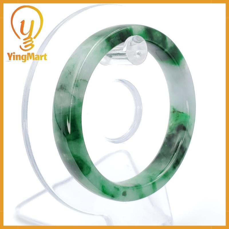 YingCollection 53mm PNJ258397 Certified Natural Color Green White To Dark Green, Grey White Jadeite Jade Bangle Bracelet, Real Gemstone