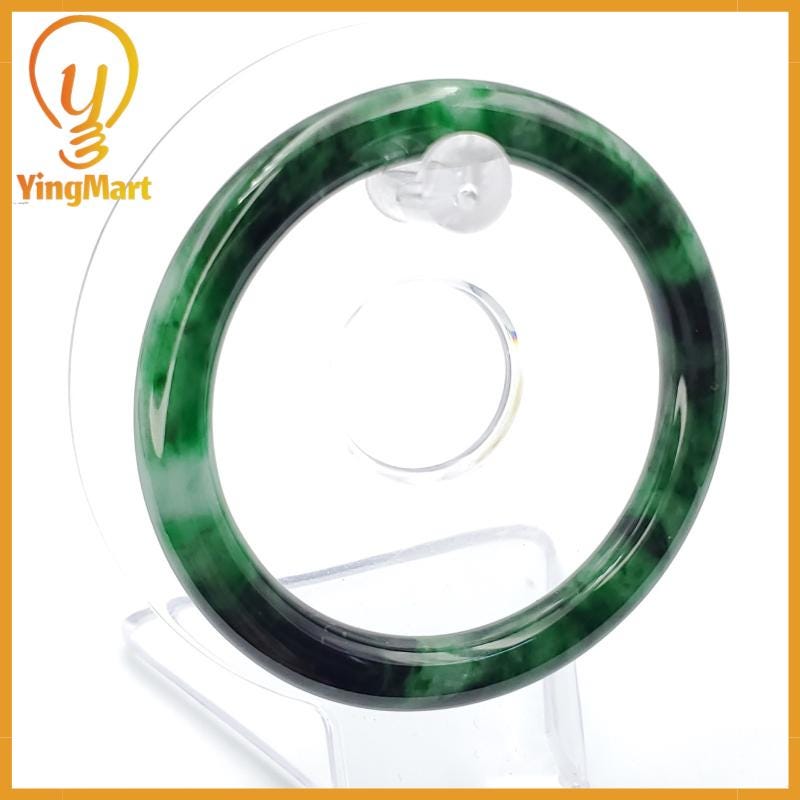 YingCollection 56mm PNJ258386 Certified Natural Color Green White To Dark Green, Grey White Jadeite Jade Bangle Bracelet, Real Gemstone