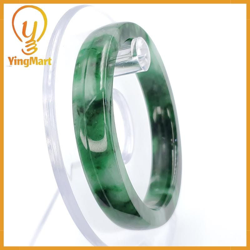YingCollection 54mm PNJ258404 Certified Natural Color Green White To Dark Green, Grey White Jadeite Jade Bangle Bracelet, Real Gemstone