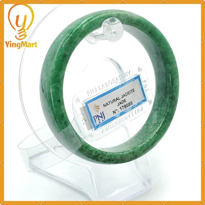 YingCollection 57mm PNJ178089 Certified Natural Color Light To Medium Green, Grey White Jadeite Jade Bangle Bracelet, Real Gemstone