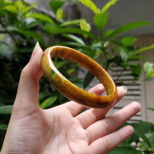 High Quality 48-72mm Jadeite Jade Bangle, Yellow Mixed Green Brown Spot, Burmese, Feng Shui Jewelry, Gift for Mom