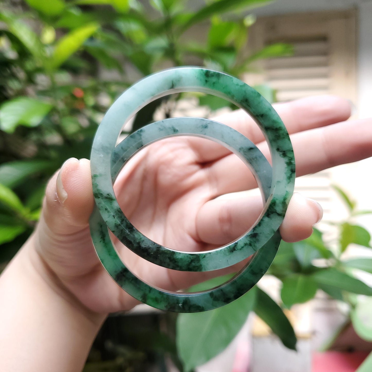High Quality 48-72mm Natural-Colour Jade Bangle, White Floating Green Black Veins, Burmese Jadeite, Feng Shui Jewelry, Gift for Mom
