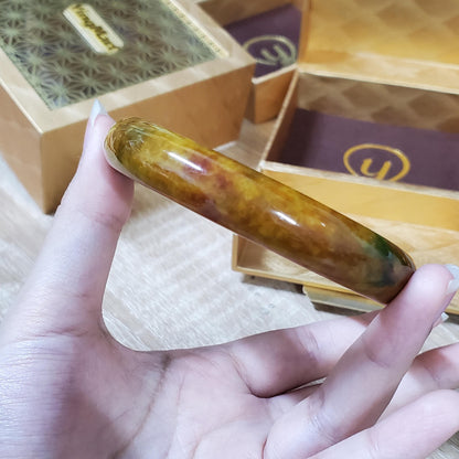 High Quality 48-72mm Jadeite Jade Bangle, Yellow Mixed Green Brown Spot, Burmese, Feng Shui Jewelry, Gift for Mom