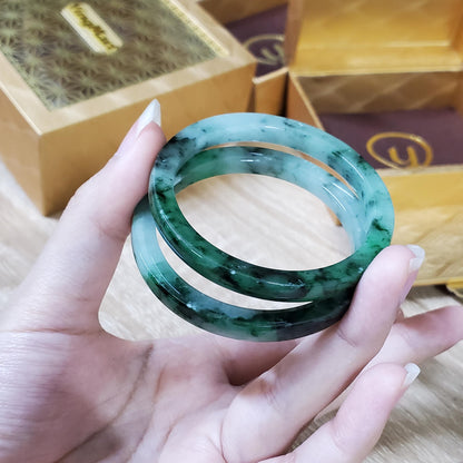 High Quality 48-72mm Natural-Colour Jade Bangle, White Floating Green Black Veins, Burmese Jadeite, Feng Shui Jewelry, Gift for Mom