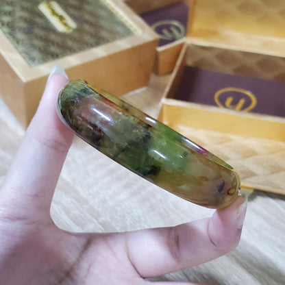 High Quality 48-72mm Jadeite Jade Bangle, Yellow Mixed Green Black Brown Spot, Burmese, D-Shape, Feng Shui Jewelry, Gift for Mom