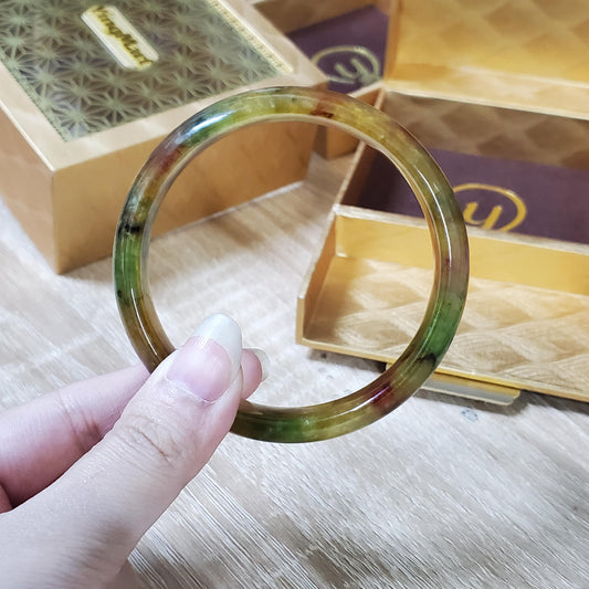High Quality 48-72mm Jadeite Jade Bangle, Yellow Mixed Green Black Brown Spot, Burmese, D-Shape, Feng Shui Jewelry, Gift for Mom