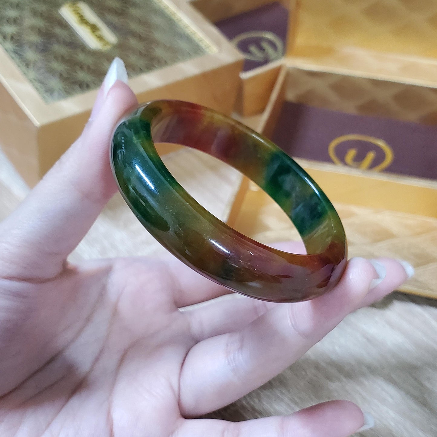 High Quality 48–60mm Jadeite Jade Yellow Mix Red YingMart Bangle Bracelets Gift for Her Grandma Mens Feng Shui Personalized