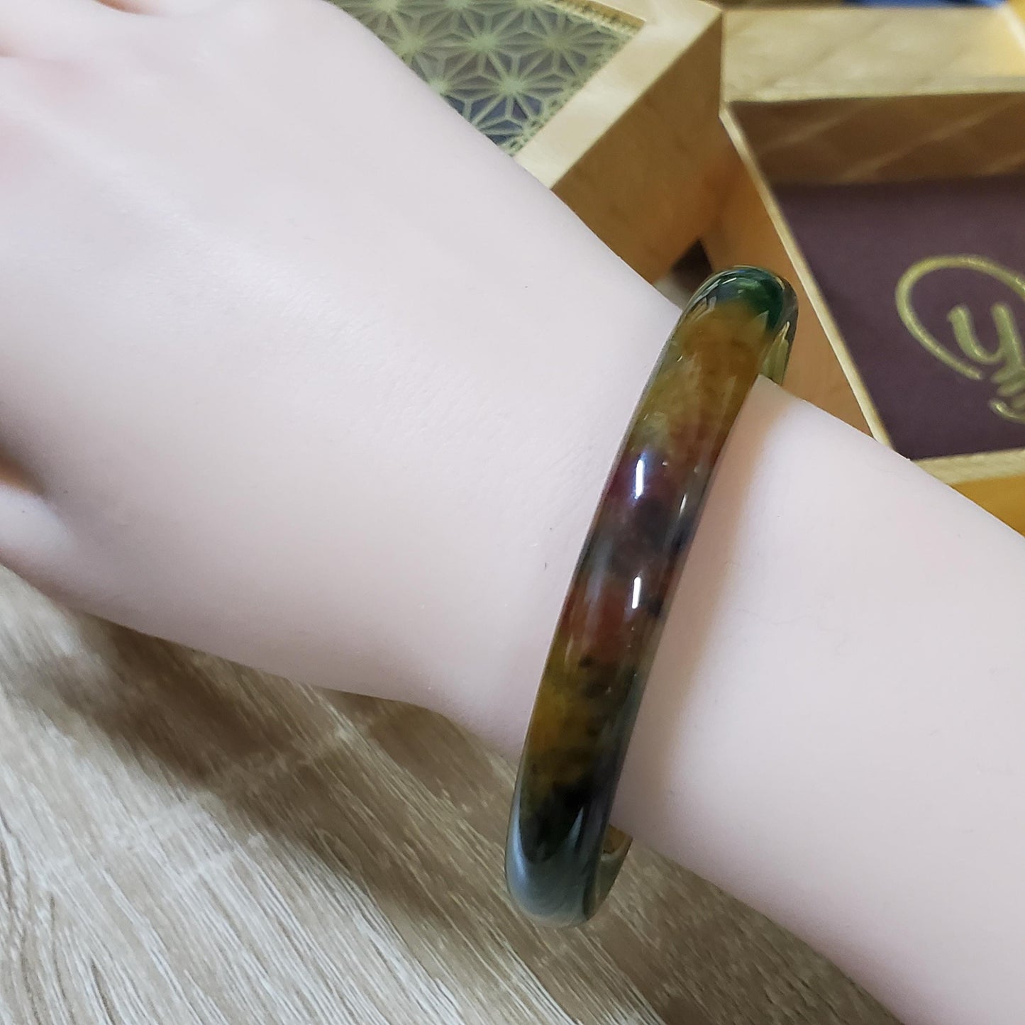 High Quality 48–72mm Jadeite Jade Yellow Green Black Veins YingMart Bangle Bracelets Gift for Her Feng Shui Grandma Sister Mom