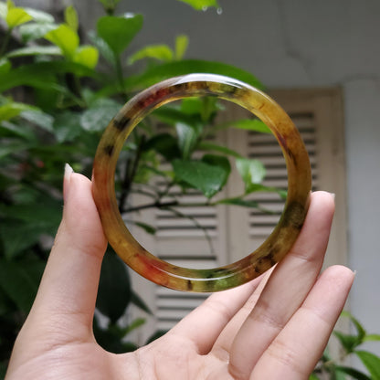 High Quality 48-72mm Jadeite Jade Bangle, Yellow Mixed Green Black Brown Spot, Burmese, D-Shape, Feng Shui Jewelry, Gift for Mom