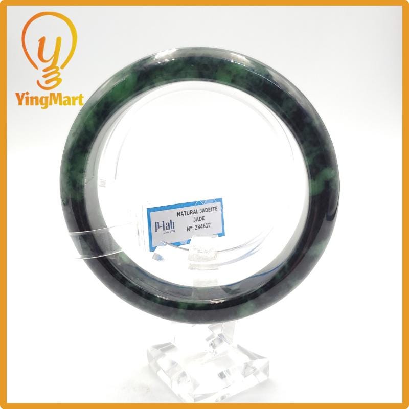 Yingmart 60mm PNJ Certified Natural Color Grey White Natural Jadeite Jade Bangle Bracelet, Real Gemstone, Gift for Her Mom Grandma Sister