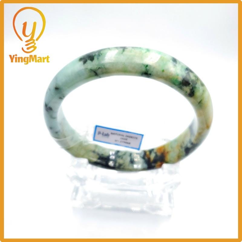 Yingmart 80mm PNJ Certified Natural Color Grey White Natural Jadeite Jade Bangle Bracelet, Real Gemstone, Gift for Her Mom Grandma