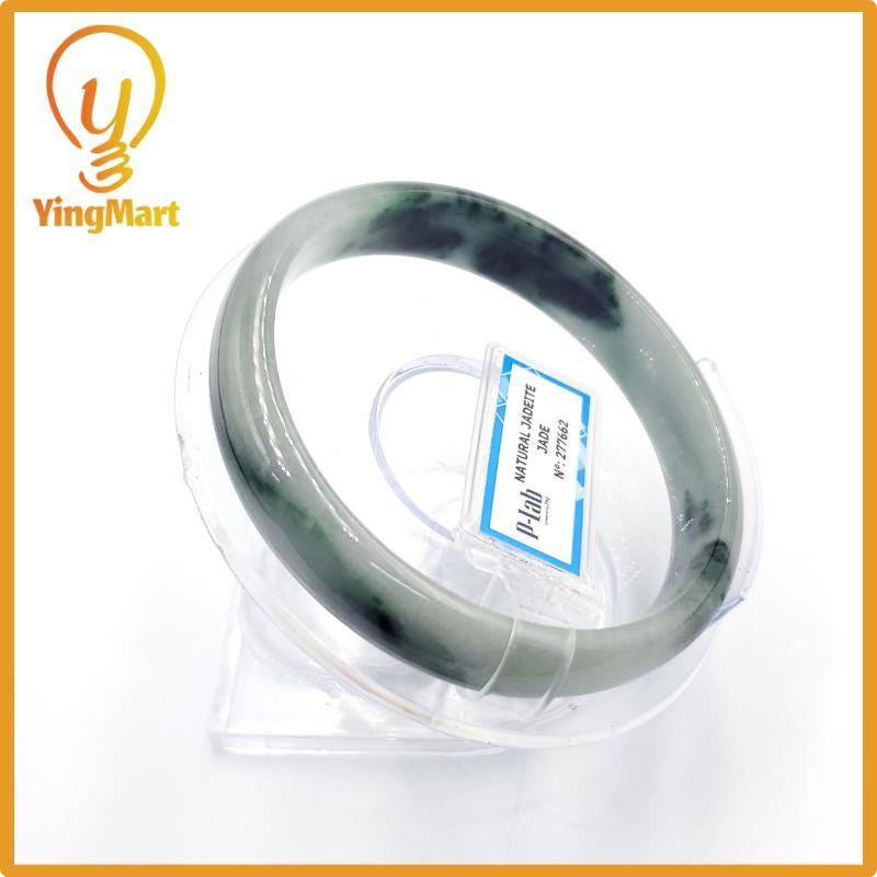 Yingmart 60mm PNJ Certified Natural Color Grey White Natural Jadeite Jade Bangle Bracelet, Real Gemstone, Gift for Her Mom Grandma