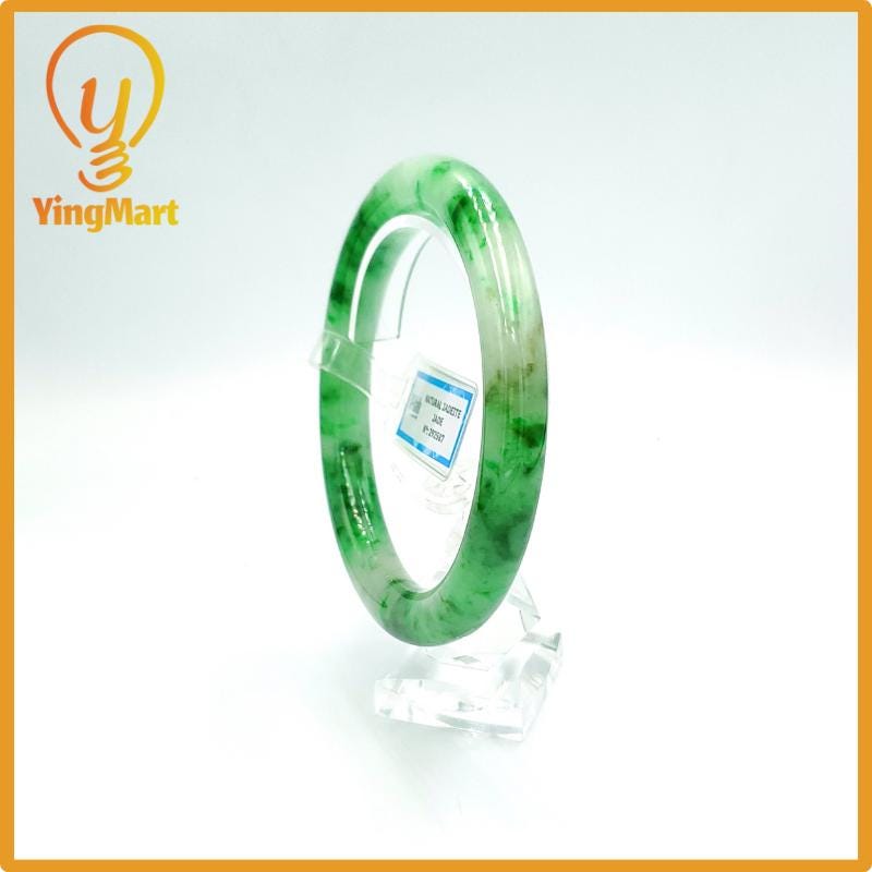 Yingmart 67mm PNJ Certified Natural Color Grey White Natural Jadeite Jade Bangle Bracelet, Real Gemstone, Gift for Her Mom Grandma Sister
