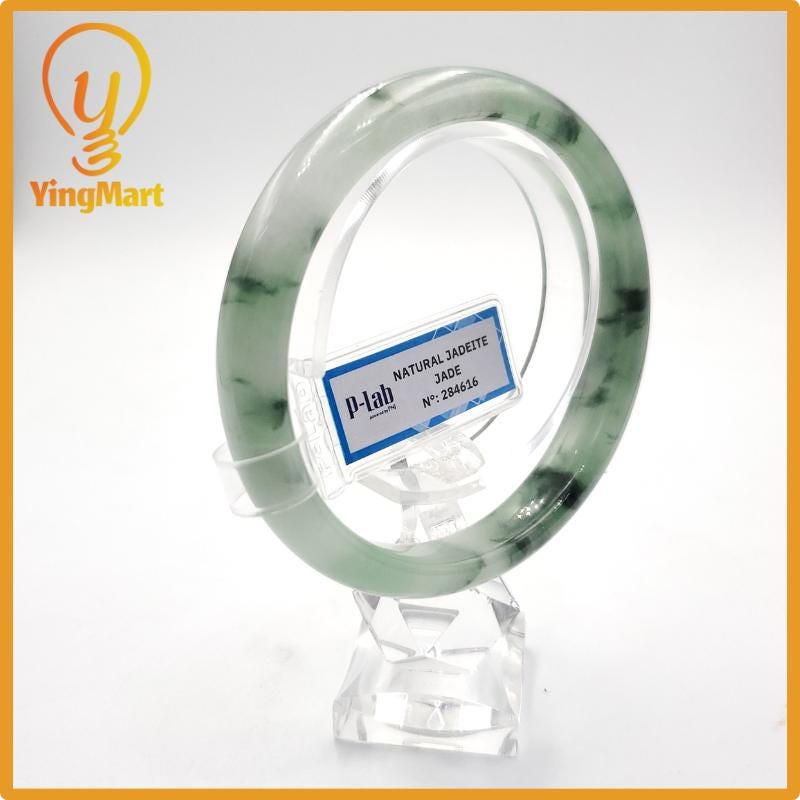 Yingmart 61mm PNJ Certified Natural Color Grey White Natural Jadeite Jade Bangle Bracelet, Real Gemstone, Gift for Her Mom Grandma Sister