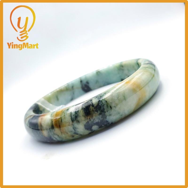 Yingmart 80mm PNJ Certified Natural Color Grey White Natural Jadeite Jade Bangle Bracelet, Real Gemstone, Gift for Her Mom Grandma