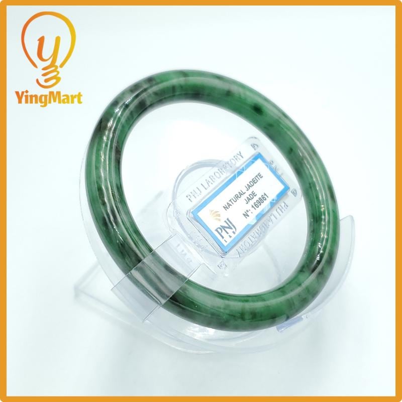 Yingmart 58mm PNJ Certified Natural Color Light To Medium Green, Black Brown Spots Natural Jadeite Jade Bangle, Real Gemstone, Gift for Her