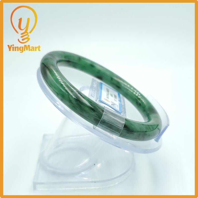 Yingmart 58mm PNJ Certified Natural Color Light To Medium Green, Black Brown Spots Natural Jadeite Jade Bangle, Real Gemstone, Gift for Her