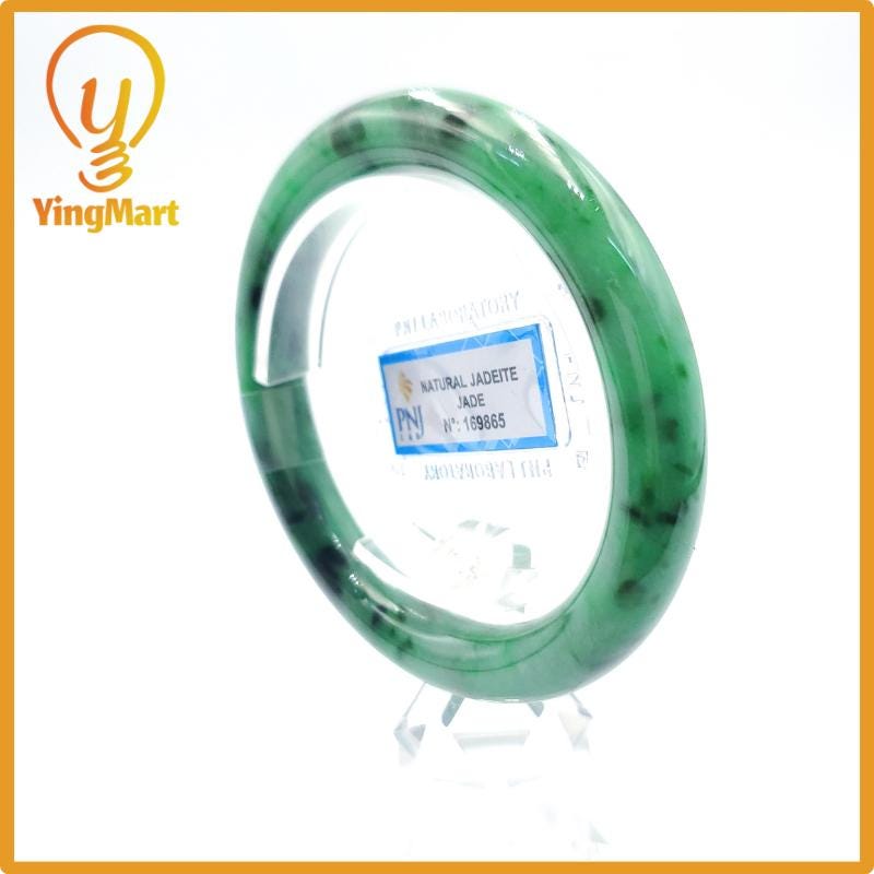 Yingmart  56mm PNJ Certified Natural Color Light To Medium Green, Black Brown Spots  Natural Jadeite Jade Bangle Bracelet, Real Gemstone