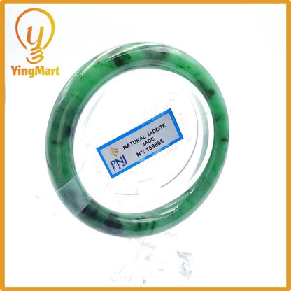 Yingmart  56mm PNJ Certified Natural Color Light To Medium Green, Black Brown Spots  Natural Jadeite Jade Bangle Bracelet, Real Gemstone