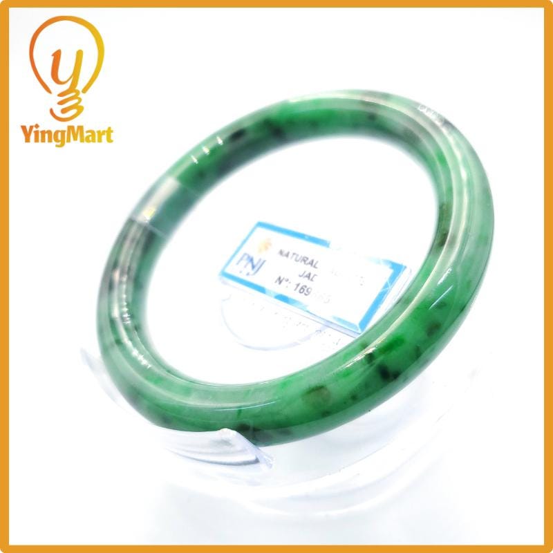Yingmart  56mm PNJ Certified Natural Color Light To Medium Green, Black Brown Spots  Natural Jadeite Jade Bangle Bracelet, Real Gemstone