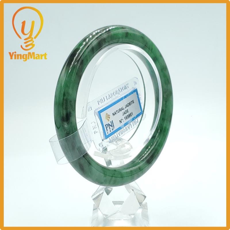 Yingmart 58mm PNJ Certified Natural Color Light To Medium Green, Black Brown Spots Natural Jadeite Jade Bangle, Real Gemstone, Gift for Her