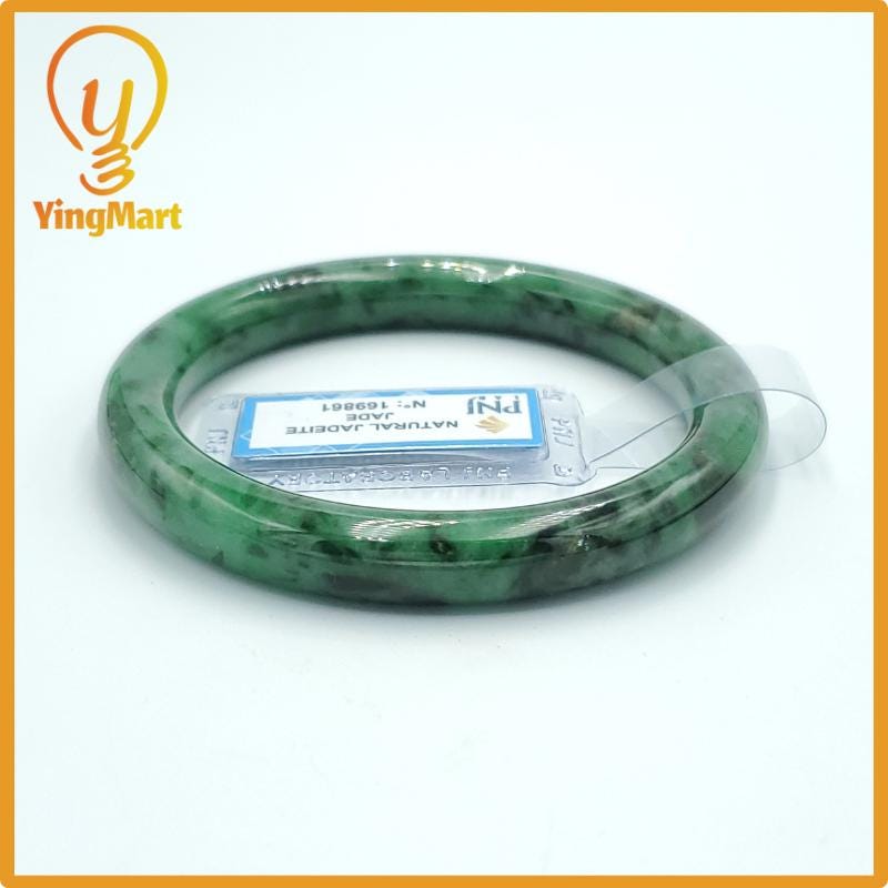 Yingmart 58mm PNJ Certified Natural Color Light To Medium Green, Black Brown Spots Natural Jadeite Jade Bangle, Real Gemstone, Gift for Her