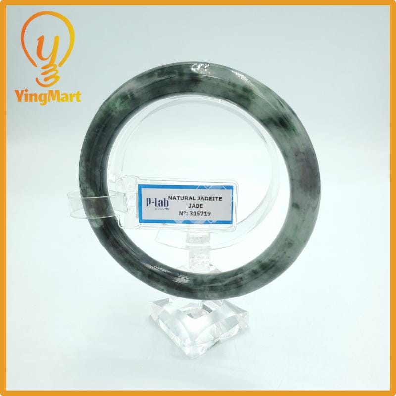 Yingmart  62mm PNJ Certified Natural Color Grey White Natural Jadeite Jade Bangle Bracelet, Real Gemstone, Gift for Her Mom Grandma Sister