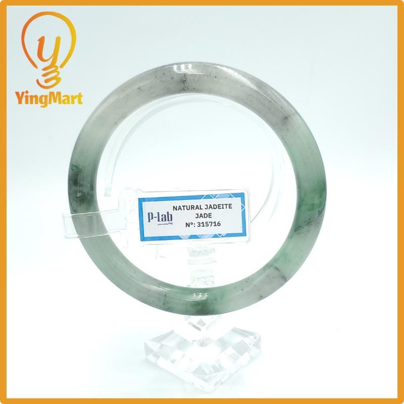 Yingmart  62mm PNJ Certified Natural Color Grey White Natural Jadeite Jade Bangle Bracelet, Real Gemstone, Gift for Her Mom Grandma Sister