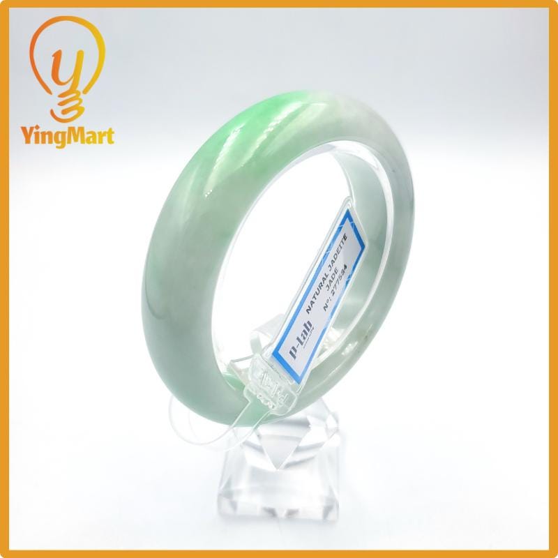 Yingmart 51mm PNJ Certified Natural Color Grey White Natural Jadeite Jade Bangle Bracelet, Real Gemstone, Gift for Her Mom Grandma Sister
