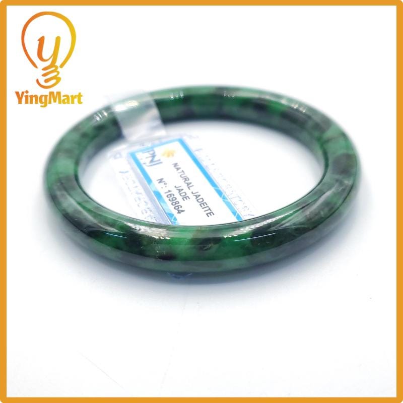 Yingmart  56mm PNJ Certified Natural Color Light To Medium Green, Black Brown Spots Natural Jadeite Jade Bangle Bracelet, Real Gemstone