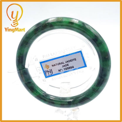 Yingmart  56mm PNJ Certified Natural Color Light To Medium Green, Black Brown Spots Natural Jadeite Jade Bangle Bracelet, Real Gemstone